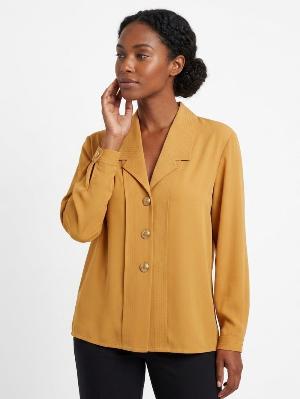 NWT Kathy Che Mustard Blouse with Gold Buttons